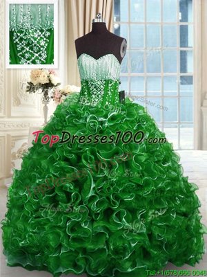 Green Organza Lace Up Quinceanera Gowns Sleeveless With Brush Train Beading and Ruffles