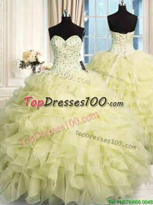 Sleeveless Floor Length Beading and Ruffles Lace Up Ball Gown Prom Dress with Yellow