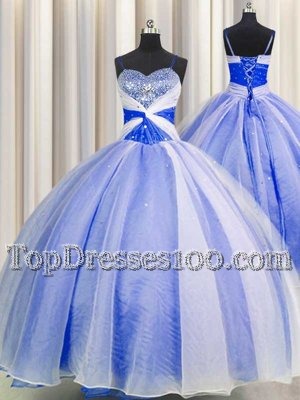 Pretty Spaghetti Straps Sleeveless Organza Floor Length Lace Up 15th Birthday Dress in Blue And White for with Beading and Sequins and Ruching