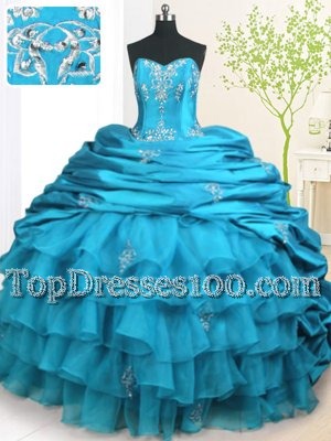 Teal Strapless Lace Up Beading and Appliques and Ruffled Layers and Pick Ups Sweet 16 Quinceanera Dress Brush Train Sleeveless