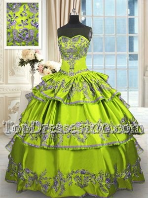 Yellow Green Lace Up 15 Quinceanera Dress Embroidery and Ruffled Layers Sleeveless Floor Length
