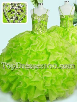 Beauteous Yellow Green Spaghetti Straps Lace Up Beading and Ruffles Vestidos de Quinceanera Sleeveless