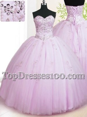 Lilac Ball Gowns Tulle Sweetheart Sleeveless Beading and Appliques Floor Length Lace Up 15th Birthday Dress