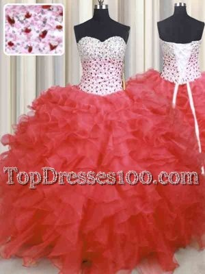 Watermelon Red Sleeveless Floor Length Beading and Ruffles Lace Up Ball Gown Prom Dress