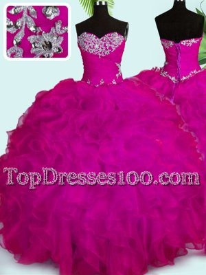 Fuchsia Sleeveless Beading and Ruffles Floor Length 15th Birthday Dress