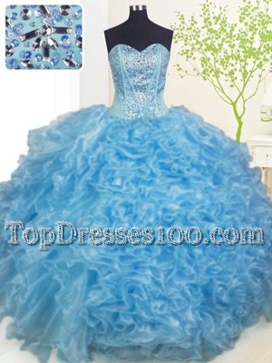Amazing Sleeveless Organza Floor Length Lace Up Quinceanera Gowns in Baby Blue for with Beading and Ruffles and Pick Ups