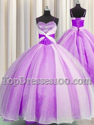 Spaghetti Straps Organza Sleeveless Floor Length Quinceanera Dress and Beading and Sequins and Ruching