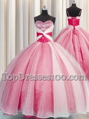 Coral Red Sleeveless Beading and Sequins and Ruching Floor Length Sweet 16 Quinceanera Dress
