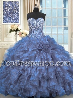 Blue Lace Up Sweetheart Beading and Ruffles Vestidos de Quinceanera Organza Sleeveless