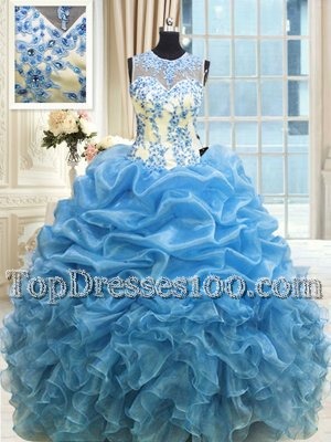 New Arrival Baby Blue Ball Gowns Scoop Sleeveless Organza Floor Length Zipper Beading and Ruffles Ball Gown Prom Dress