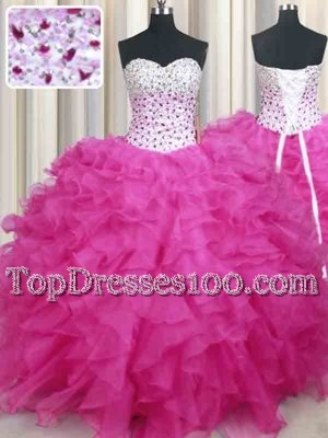 Organza Halter Top Sleeveless Lace Up Beading and Ruffles Sweet 16 Dresses in Hot Pink