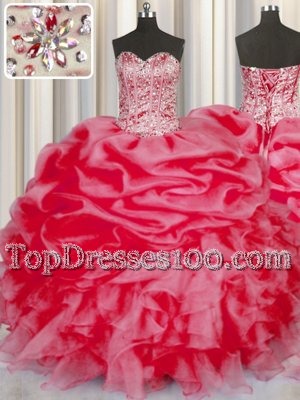 Charming Sweetheart Sleeveless Organza Quince Ball Gowns Beading and Ruffles and Pick Ups Lace Up