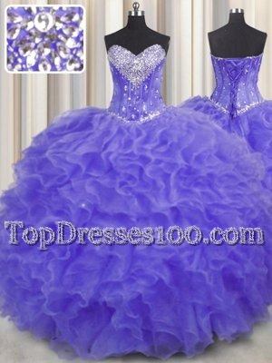 Sleeveless Floor Length Beading and Ruffles Lace Up Vestidos de Quinceanera with Lavender