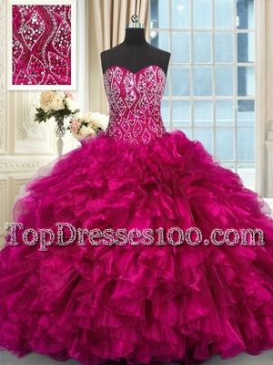 Exquisite Sleeveless Organza Brush Train Lace Up Quince Ball Gowns in Fuchsia for with Beading and Ruffles