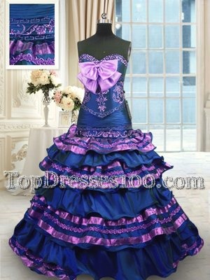 Unique Navy Blue Sleeveless Brush Train Appliques and Ruffled Layers and Bowknot Quinceanera Dresses