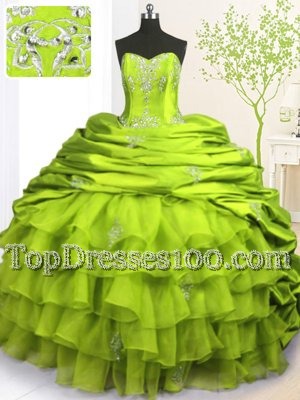 Olive Green Lace Up Sweet 16 Dresses Beading and Appliques and Ruffled Layers and Pick Ups Sleeveless With Brush Train