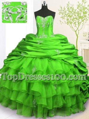 Fitting Pick Ups Ruffled Green Sleeveless Organza and Taffeta Brush Train Lace Up Sweet 16 Dresses for Military Ball and Sweet 16 and Quinceanera