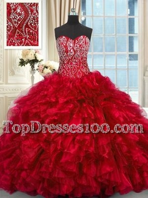 Perfect Sweetheart Sleeveless Brush Train Lace Up Quinceanera Gown Red Organza