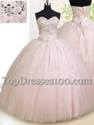 Glorious Baby Pink Sleeveless Tulle Lace Up 15 Quinceanera Dress for Military Ball and Sweet 16 and Quinceanera