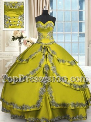 Custom Design Beading and Appliques and Ruffled Layers Quinceanera Gowns Olive Green Lace Up Sleeveless Floor Length