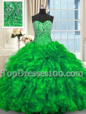 Custom Made Green Sleeveless Beading and Ruffles Lace Up 15 Quinceanera Dress