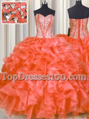 Pretty Red Ball Gowns Organza Sweetheart Sleeveless Beading and Ruffles Floor Length Lace Up Sweet 16 Dresses