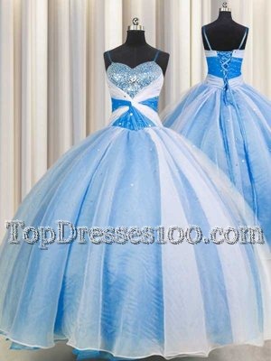 Latest Spaghetti Straps Baby Blue Chiffon Lace Up 15th Birthday Dress Sleeveless Floor Length Beading and Sequins and Ruching
