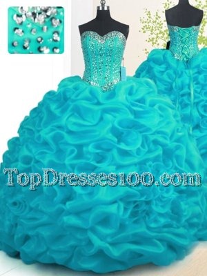 Aqua Blue Organza Lace Up Sweetheart Sleeveless With Train 15th Birthday Dress Brush Train Beading and Ruffles