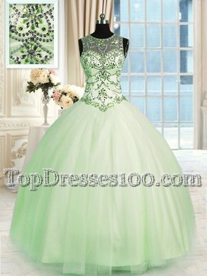 Eye-catching Apple Green Ball Gowns Tulle Scoop Sleeveless Beading Floor Length Lace Up Sweet 16 Dress
