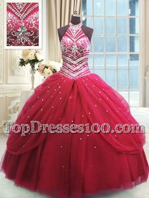 Red Ball Gowns Beading Quinceanera Gown Lace Up Tulle Sleeveless Floor Length