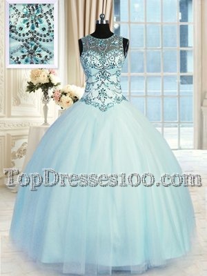 Romantic Ball Gowns Vestidos de Quinceanera Light Blue Scoop Tulle Sleeveless Floor Length Lace Up
