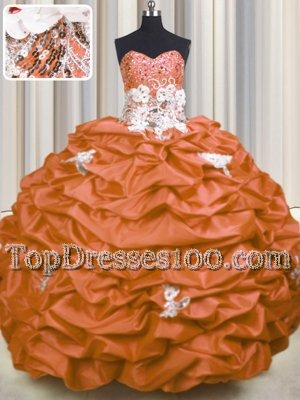 Sequins Pick Ups With Train Ball Gowns Sleeveless Orange Red Quince Ball Gowns Brush Train Lace Up