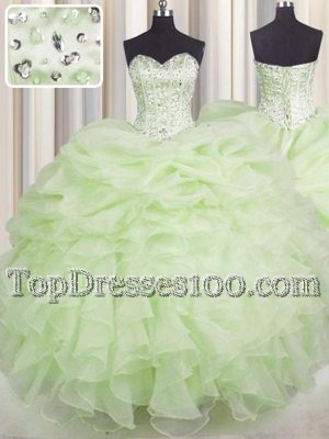 Yellow Green Sweet 16 Dress Military Ball and Sweet 16 and Quinceanera and For with Beading and Ruffles Sweetheart Sleeveless Lace Up
