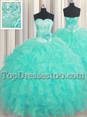 Handcrafted Flower Floor Length Aqua Blue Quinceanera Dresses Organza Sleeveless Beading and Ruffles and Hand Made Flower