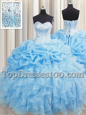Flirting Visible Boning Baby Blue Organza Lace Up Sweetheart Sleeveless Floor Length Sweet 16 Dress Beading and Ruffles and Pick Ups