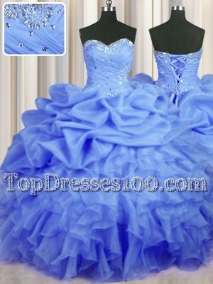 Fancy Blue Ball Gowns Beading and Ruffles and Ruching and Pick Ups 15th Birthday Dress Lace Up Organza Sleeveless Floor Length