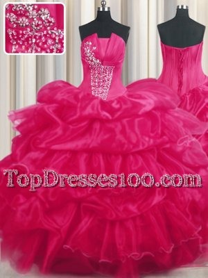 Discount Hot Pink Ball Gowns Organza Strapless Sleeveless Beading and Ruffled Layers and Pick Ups Floor Length Lace Up Sweet 16 Dress