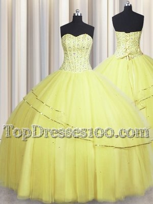 Affordable Visible Boning Really Puffy Light Yellow Quinceanera Dresses Military Ball and Sweet 16 and Quinceanera and For with Beading Sweetheart Sleeveless Lace Up