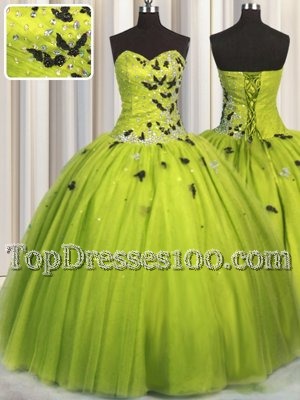 Attractive Beading and Appliques Sweet 16 Dress Olive Green Lace Up Sleeveless Floor Length
