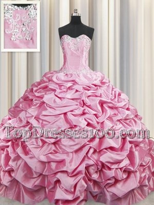 Brush Train Rose Pink Sleeveless Beading and Pick Ups Lace Up Quinceanera Gown