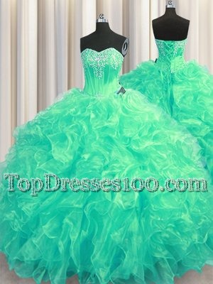 New Arrival Sleeveless Beading and Ruffles Lace Up Ball Gown Prom Dress with Turquoise Brush Train