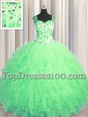 Glittering Visible Boning Sweetheart Sleeveless Quinceanera Dresses Floor Length Beading and Ruffles Green Organza
