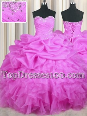 Fitting Lilac Organza Lace Up Sweetheart Sleeveless Floor Length 15th Birthday Dress Beading and Ruffles and Sequins and Ruching