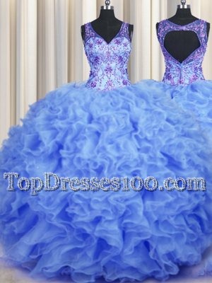 Glorious V-neck Sleeveless Zipper Quince Ball Gowns Blue Organza