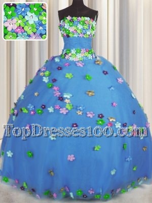Strapless Sleeveless Lace Up 15th Birthday Dress Blue Tulle