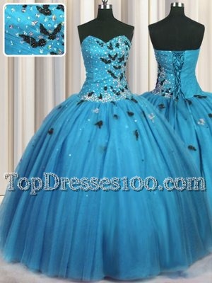Sweetheart Sleeveless Tulle Sweet 16 Dresses Beading and Appliques Lace Up