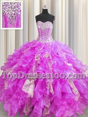 Hot Selling Visible Boning Lilac Organza and Sequined Lace Up Sweetheart Sleeveless Floor Length Sweet 16 Dresses Beading and Ruffles and Sequins