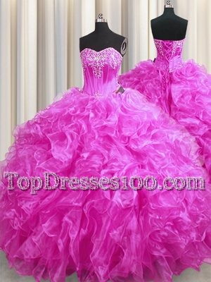 Lace Up 15 Quinceanera Dress Fuchsia and In for Military Ball and Sweet 16 and Quinceanera with Beading and Ruffles Sweep Train