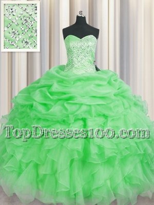 Modern Green Organza Lace Up Sweetheart Sleeveless Floor Length Quinceanera Gowns Beading and Ruffles