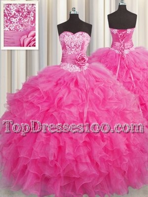 Flirting Handcrafted Flower Hot Pink Sleeveless Organza Lace Up Quince Ball Gowns for Military Ball and Sweet 16 and Quinceanera